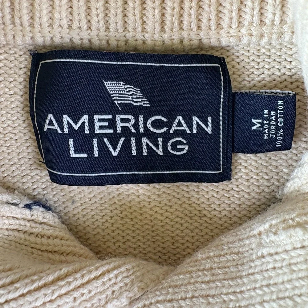 VTG American Living By Ralph Lauren Sweater Mens M Beige Blue Knitted 1/4 Button